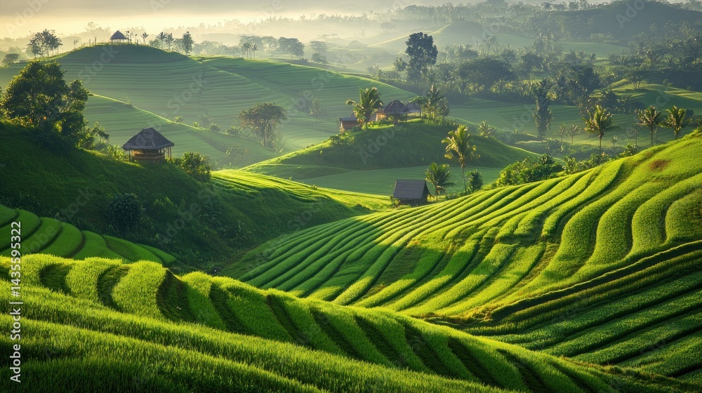 Fototapeta premium Verdant Terraced Fields in Misty Sunrise