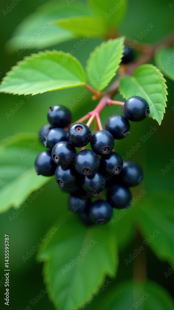 A cluster of ripe, dark purple berries hangs elegantly from a branch against a vibrant green background A cluster of ripe, dark purple berries hangs elegantly from a branch against a vibrant green background