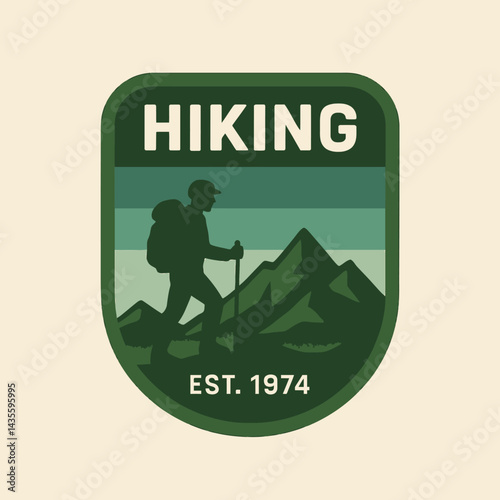Hiking Badge Illustration with Person Walking Mountains and Established Date