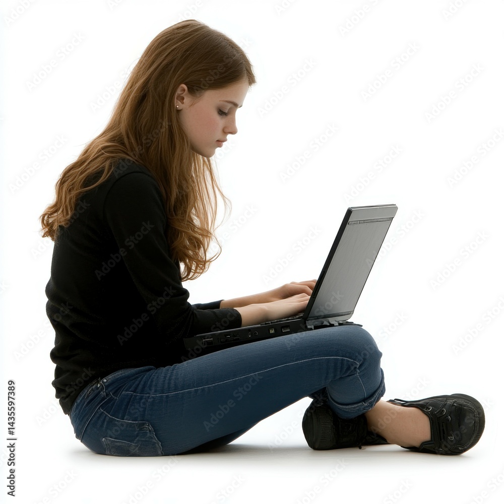 Naklejka premium Female student researching on a laptop, isolated on white background for seamless editing in designs