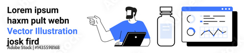 Man operating laptop, pointing to data on analytics dashboard alongside a medicine bottle. Ideal for healthcare, tech, analytics, education, digital solutions, pharmaceutical, flat landing page