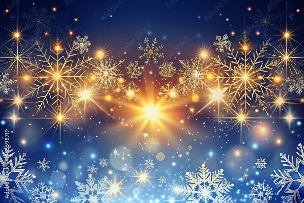Naklejka premium Bright Merry Christmas Background with Sparkling Snowflakes and Glittering Lights