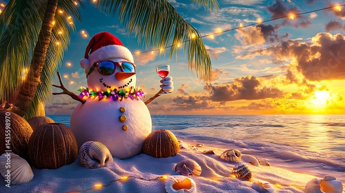 Tropical christmas snowman with santa hat sunglasses and cocktail on beach at sunset holiday vacation concept
