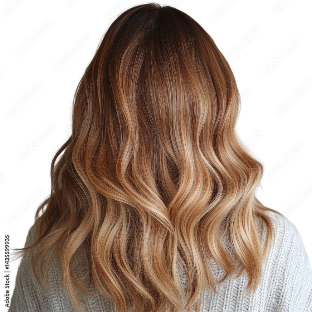 Naklejka premium Luxurious flowing hair exhibiting caramel blonde highlights on an isolated backdrop