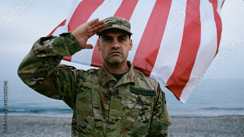 Brave Soldier On The Beach With A Wawing Flag