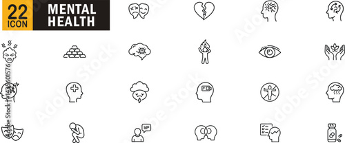 Mental health icon set. Anxiety, depression, therapy, stress, relaxation, mindfulness, emotional well-being, mental illness symbols.