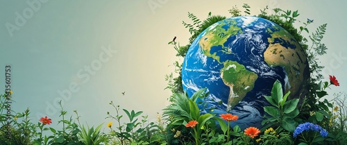 A lively Earth surrounded by plants, flowers, and trees, with wildlife and greenery growing around it, set against a pale, soft background. The bottom and right side of the image provide ample space f