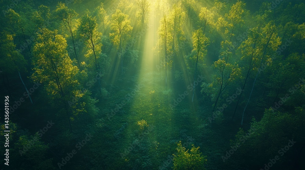 Obraz premium Sunlight through lush, green forest canopy, aerial view