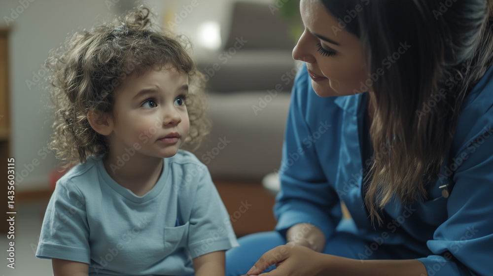 Social worker kneels beside a child in a foster home during a close up discussion about their feelings