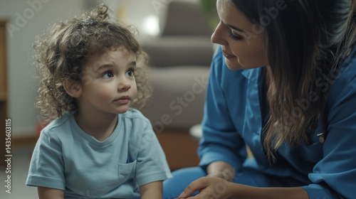 Obraz na płótnie Social worker kneels beside a child in a foster home during a close up discussion about their feelings w salonie