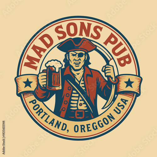 Illustration of a Pirate Holding Beer in a Circular Design