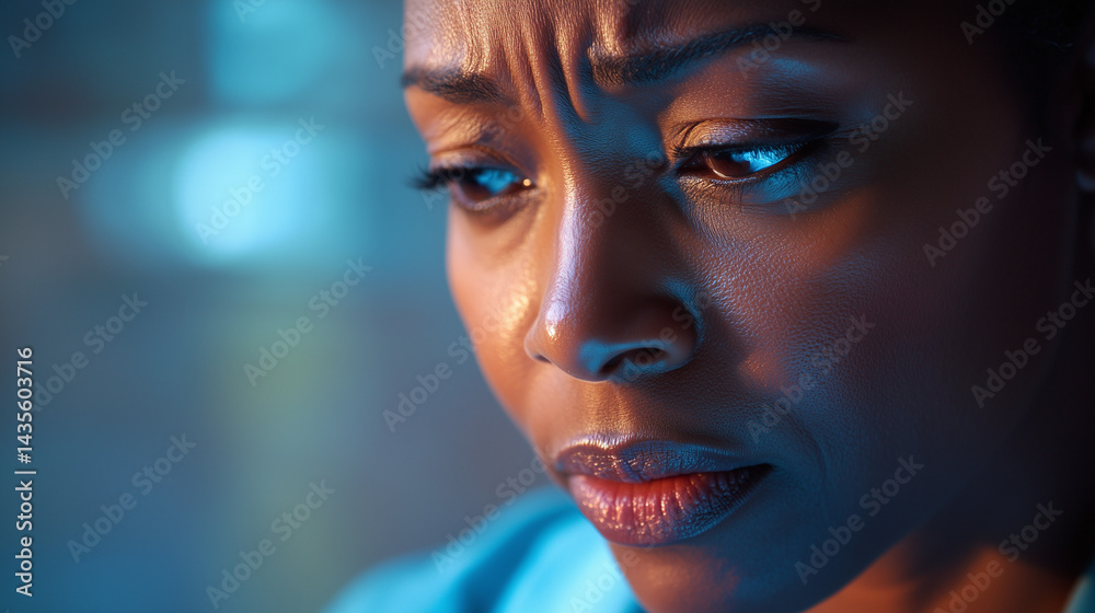Social worker takes a breath during a close up moment of stress in a high-pressure emergency response