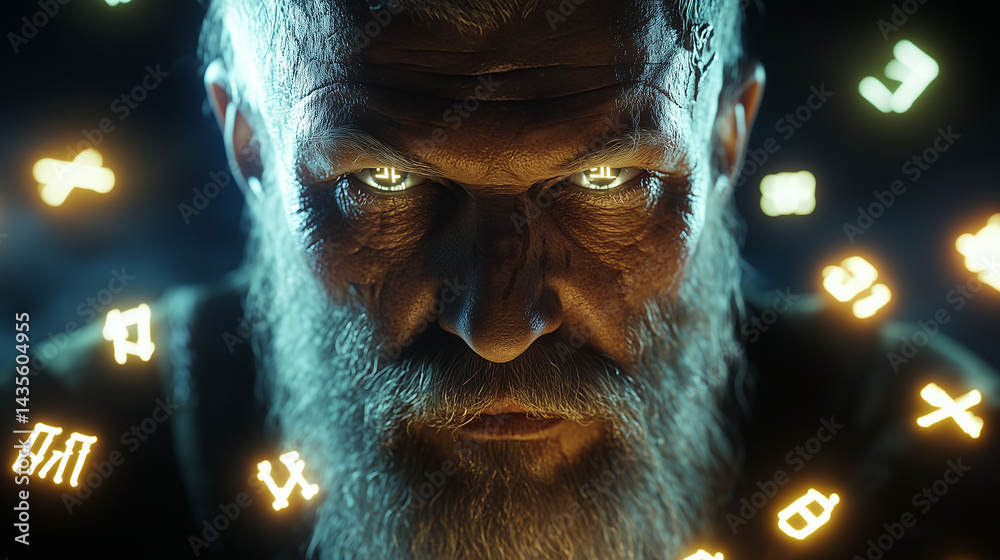 The wise face of Bragi the skaldic god illuminated by glowing runes surrounding him