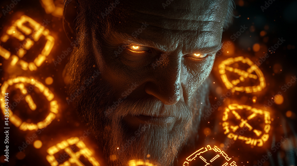 The wise face of Bragi the skaldic god illuminated by glowing runes surrounding him