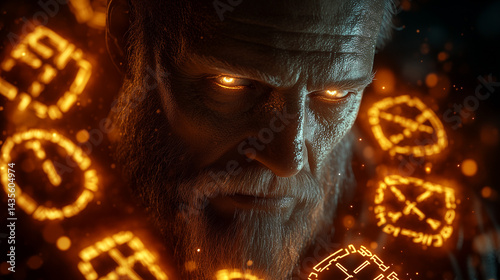 Obraz na płótnie The wise face of Bragi the skaldic god illuminated by glowing runes surrounding him w salonie