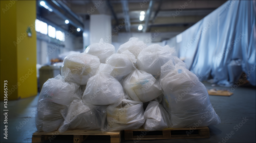 Under a tarpaulin in the back corner of a warehouse a pile of sealed plastic bags is barely visible
