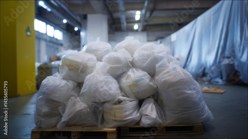 Obraz na płótnie Under a tarpaulin in the back corner of a warehouse a pile of sealed plastic bags is barely visible w salonie