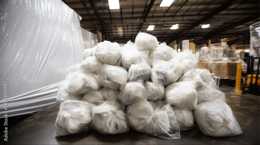 Under a tarpaulin in the back corner of a warehouse a pile of sealed plastic bags is barely visible