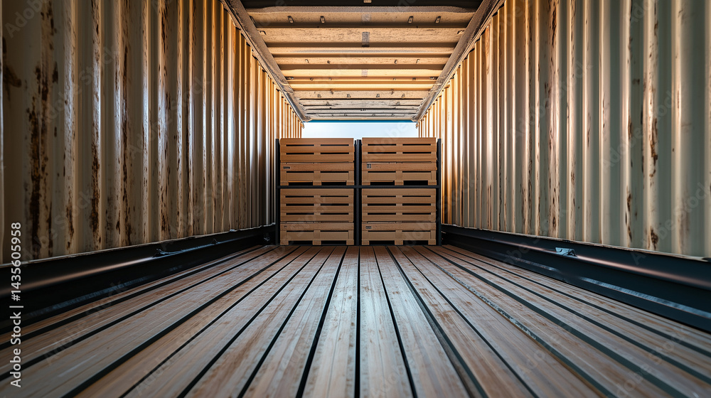 Under the floor of a shipping container a hatch opens to reveal neatly organized crates of unknown materials