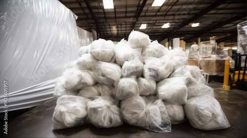 Obraz na płótnie Under a tarpaulin in the back corner of a warehouse a pile of sealed plastic bags is barely visible w salonie