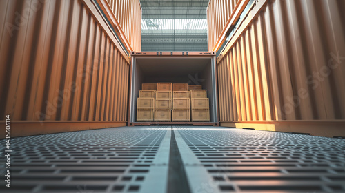 Under the floor of a shipping container a hatch opens to reveal neatly organized crates of unknown materials