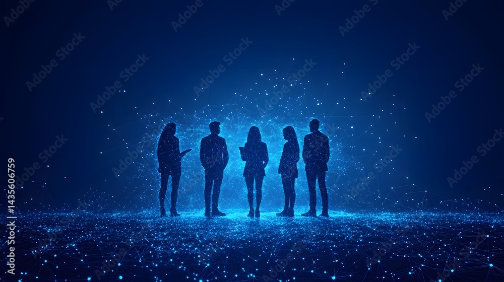 Obraz premium Five businesspeople are silhouetted against a networked blue backdrop, symbolizing connection and modern technology. Tablets suggest data flow in the digital age. Abstract wireframe in dark blue.