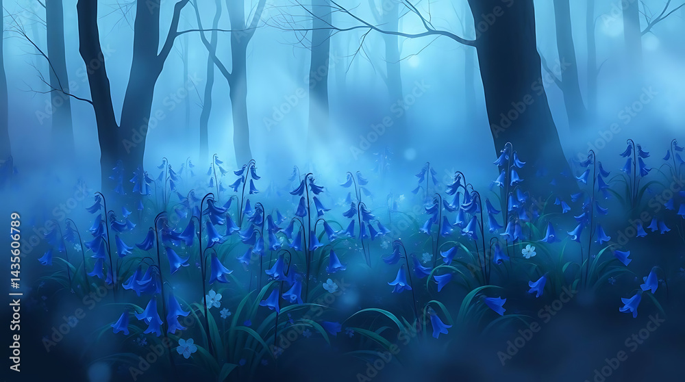 Fototapeta premium majestic cosmic bluebells flowers in the galaxy, created by generative ai