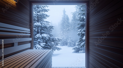 View from inside a Finnish sauna looking through a small foggy window onto snow-covered trees