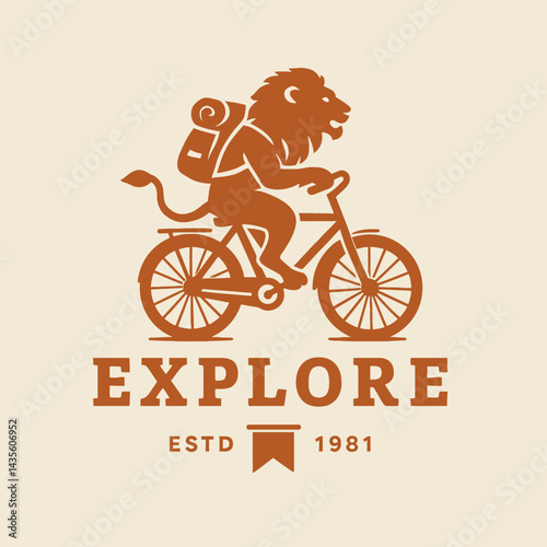 Lion on Bicycle with Backpack Exploring Adventurous Outdoor Concept