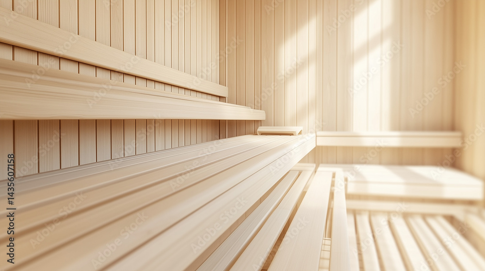 Wooden benches arranged in tiers along the walls of a Finnish sauna