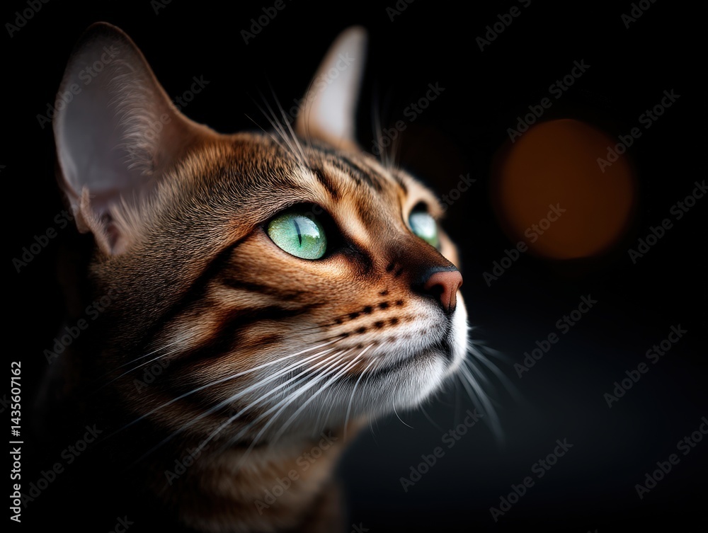 Brown tabby cat with emerald eyes looking upward in cinematic soft focus against bokeh night lights in dreamy domestic feline portrait photograph Brown tabby cat with emerald eyes looking upward in cinematic soft focus against bokeh night lights in dreamy domestic feline portrait photograph