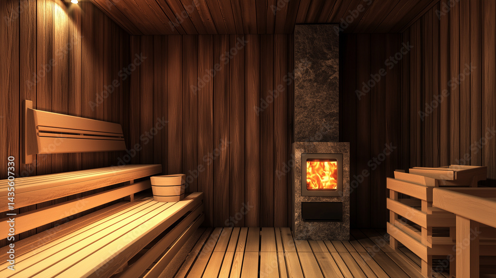 Wooden interior of a traditional Finnish sauna with a stone stove in the corner dimly lit