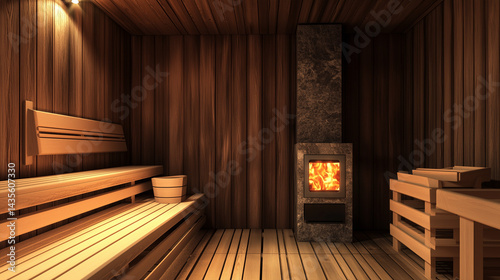 Obraz na płótnie Wooden interior of a traditional Finnish sauna with a stone stove in the corner dimly lit w salonie