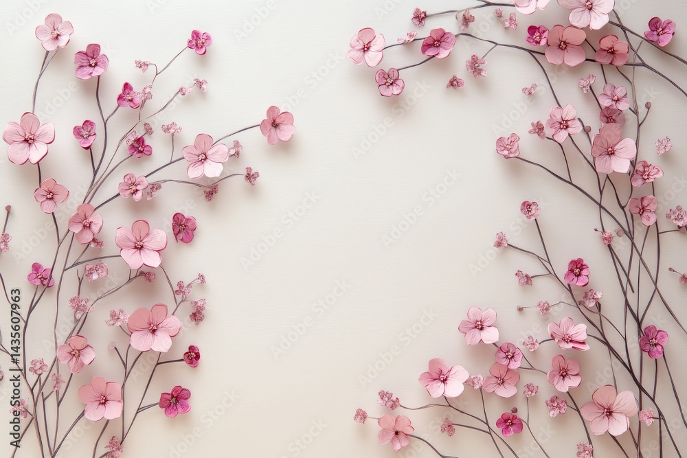Fototapeta premium Delicate pink flowers arranged in a symmetrical frame.
