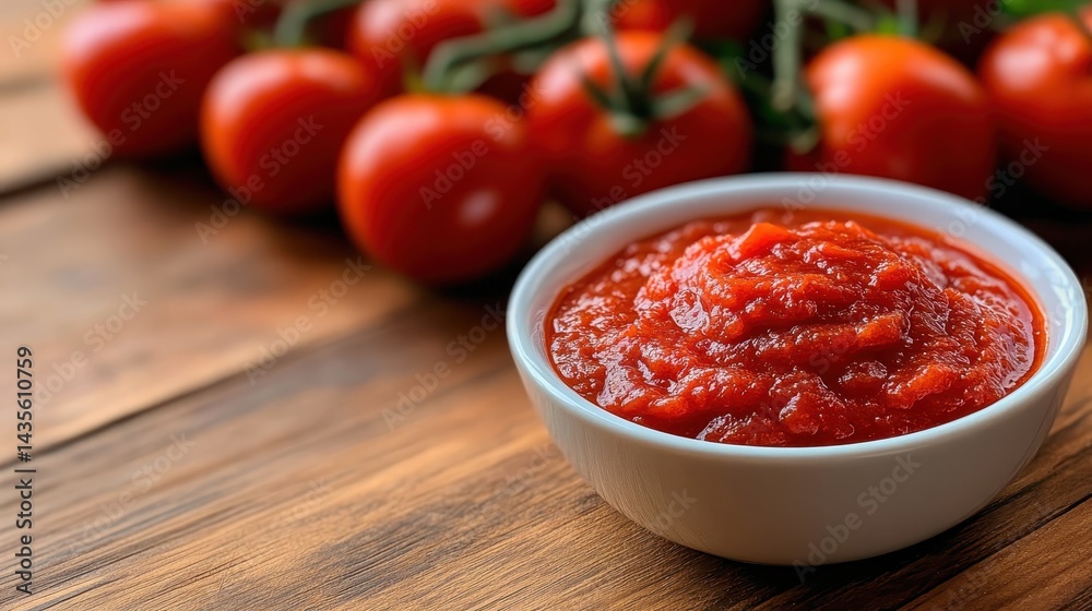 This image presents a bowl of thick tomato sauce surrounded by fresh tomatoes, emphasizing the natural ingredients and rich flavors ideal for cooking and culinary use. This image presents a bowl of thick tomato sauce surrounded by fresh tomatoes, emphasizing the natural ingredients and rich flavors ideal for cooking and culinary use.