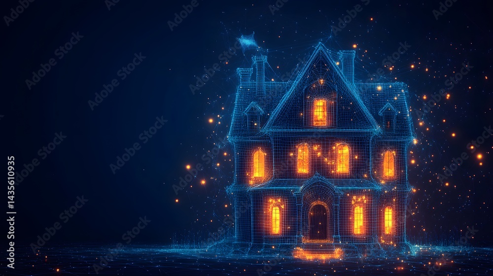 custom made wallpaper toronto digitalFuturistic house concept with a glowing blue wireframe and orange windows against a dark blue starry backdrop. A virtual landscape enhances the ethereal, mystical feel. Abstract wireframe in dark blue