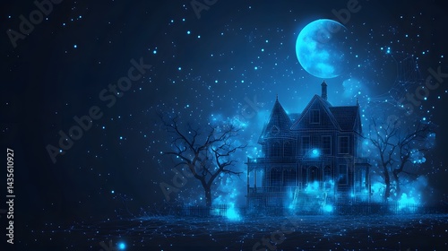 Wallpaper Mural Eerie scene featuring a haunted Victorian house under a full moon, surrounded by spectral trees and a spooky landscape. Ideal for Halloween or horror themes. Abstract wireframe in dark blue. Torontodigital.ca