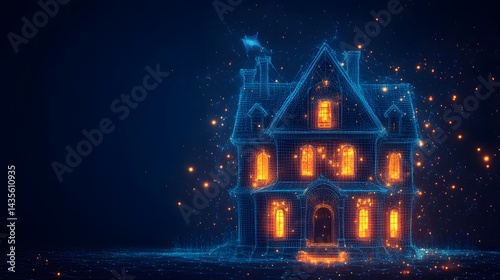 Wallpaper Mural Futuristic house concept with a glowing blue wireframe and orange windows against a dark blue starry backdrop. A virtual landscape enhances the ethereal, mystical feel. Abstract wireframe in dark blue Torontodigital.ca