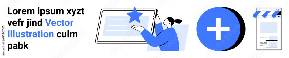 Woman pointing at interactive screen with star badge, circular medical plus icon, and phone app with storefront. Ideal for healthcare, online learning, technology, business, innovation, creativity Woman pointing at interactive screen with star badge, circular medical plus icon, and phone app with storefront. Ideal for healthcare, online learning, technology, business, innovation, creativity
