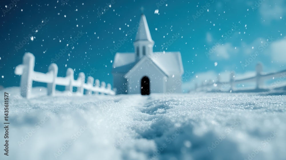 A dreamy scene showcasing a church in snow, captured in soft focus, exuding a sense of warmth and tranquility amidst a serene winter landscape of soft white covering. A dreamy scene showcasing a church in snow, captured in soft focus, exuding a sense of warmth and tranquility amidst a serene winter landscape of soft white covering.