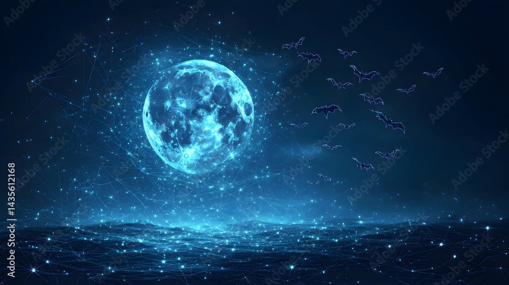 Fototapeta premium Futuristic night scene with a glowing moon, digital web, and bats. Stylized waves create a captivating view. Perfect for Halloween or tech themes. Abstract wireframe in dark blue
