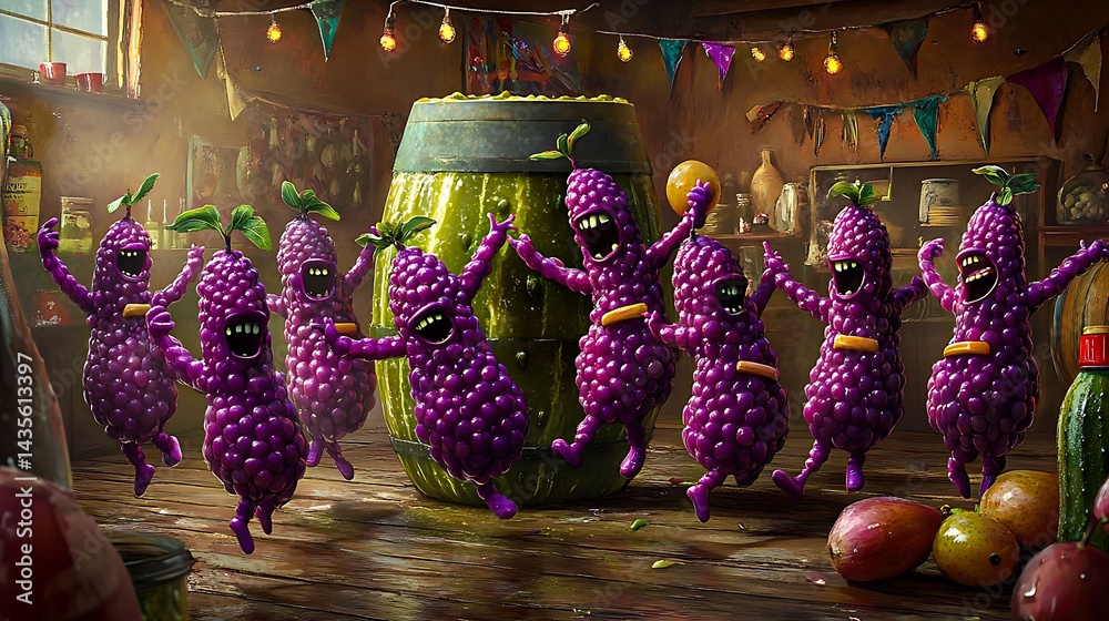Fototapeta premium Funny grape characters dancing joyfully in festive fruit party with colorful decorations and wooden barrel 