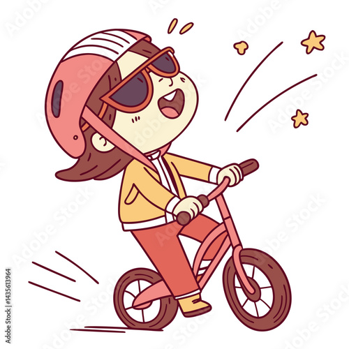 Child on a balance bike, excited and joyful