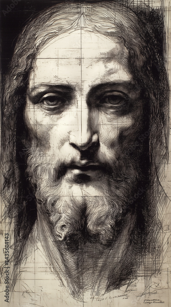 Fototapeta premium Realistic Black Ink Portrait Of Jesus With Technical Grid Elements