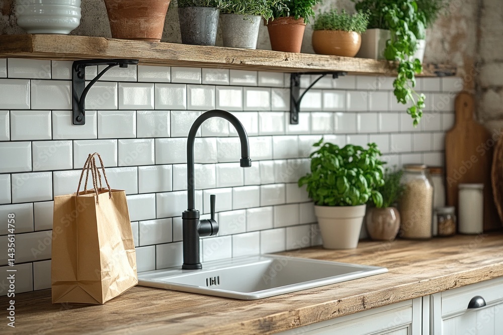 Fototapeta premium Rustic kitchen design with plants and a paper bag.