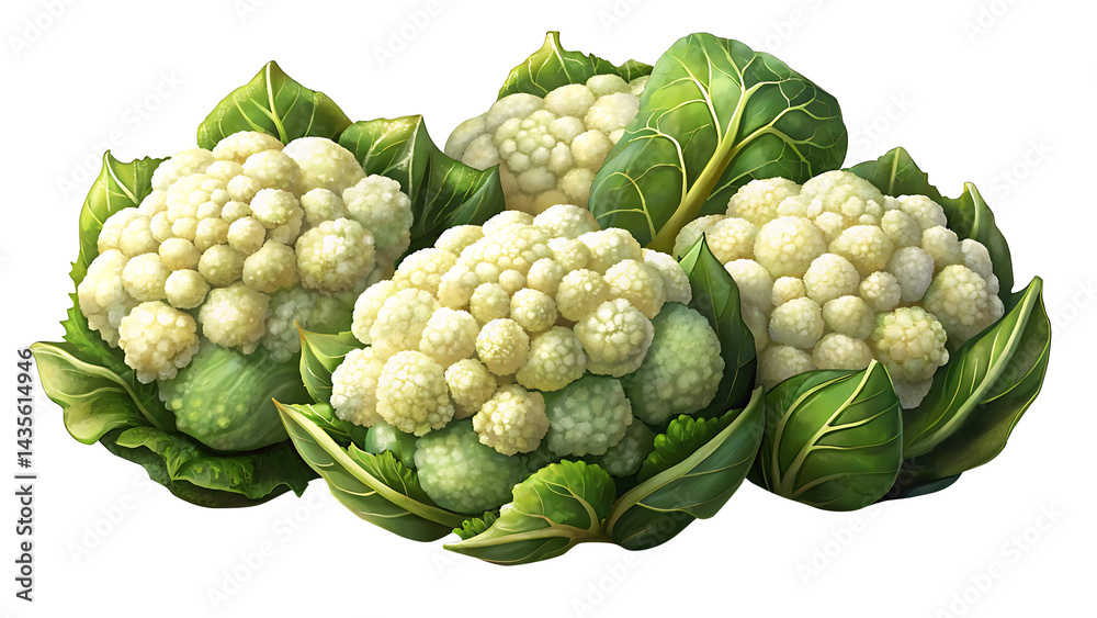 Fototapeta premium Fresh and Healthy Cauliflower Heads with Green Leaves on a transparent Background