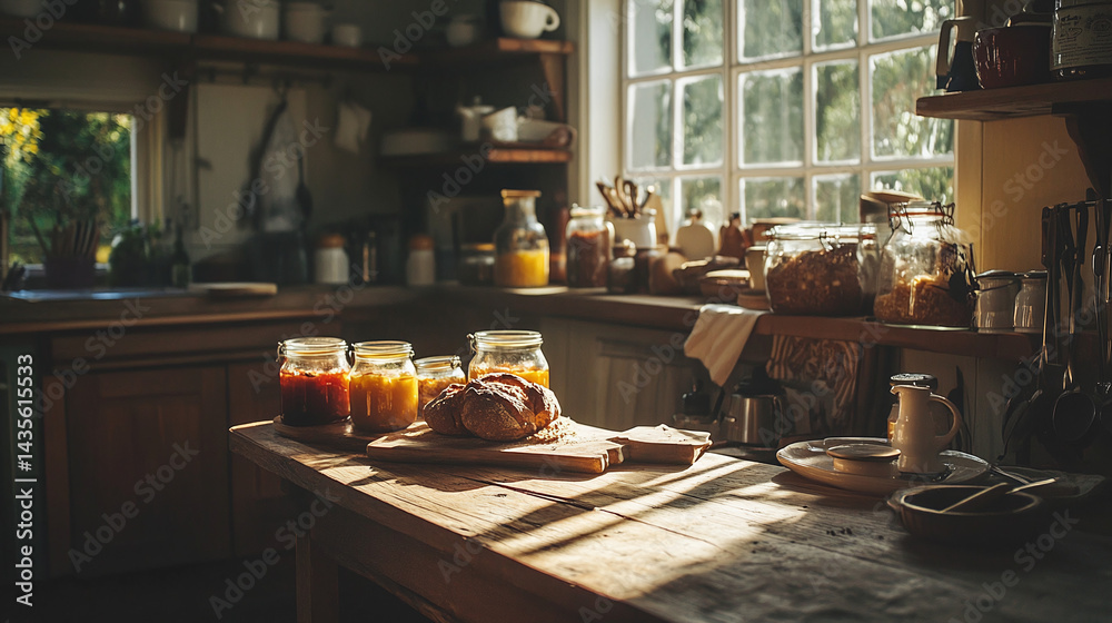 Fototapeta premium Aesthetic rustic kitchen with sunlight and breakfast bread on wooden table