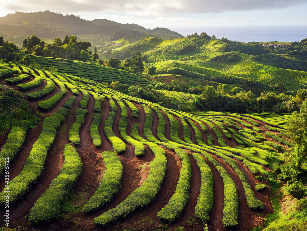 Fototapeta premium Lush green tea plantations on hillside under soft morning light