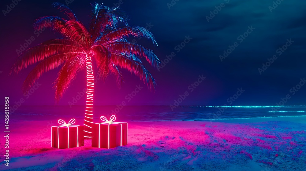 Fototapeta premium Tropical beach with neon palm tree and glowing gift boxes under night sky in futuristic holiday scene 