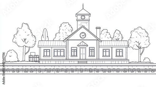 Outline Drawing of Train Station with Trees and Clock Tower